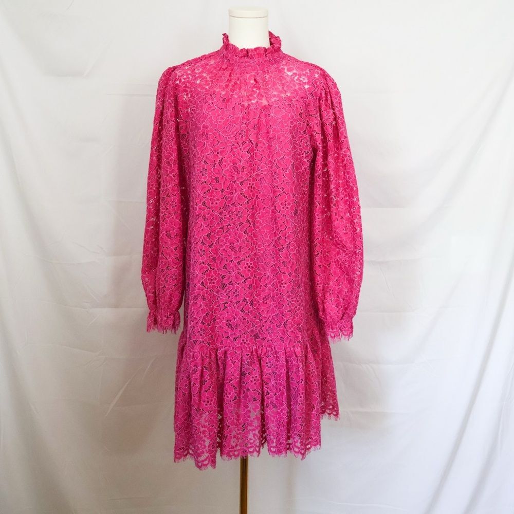 NWOT J Crew Ruffleneck Long Sleeve Lace Dress Hot Pink - Small - Picture 4 of 12